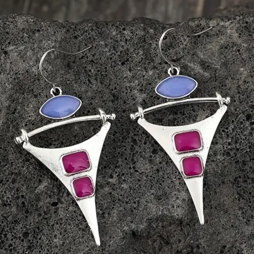 Boho Chic Purple Geometric Western, Hippie Silver-tone Drop Earrings